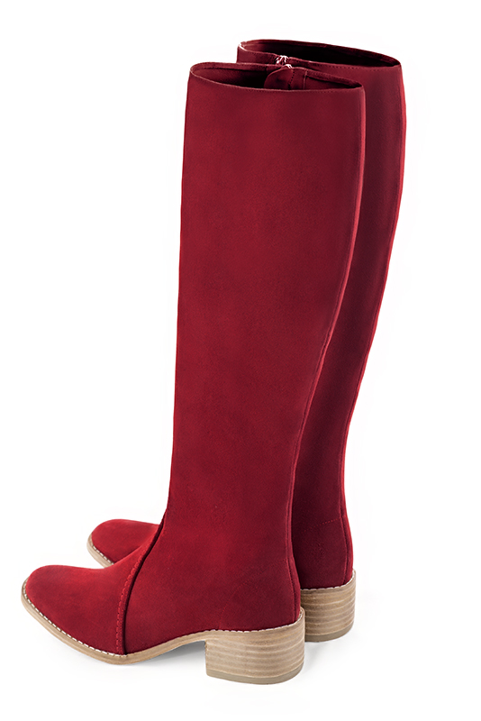 Cardinal red women's riding knee-high boots. Round toe. Low leather soles. Made to measure. Rear view - Florence KOOIJMAN